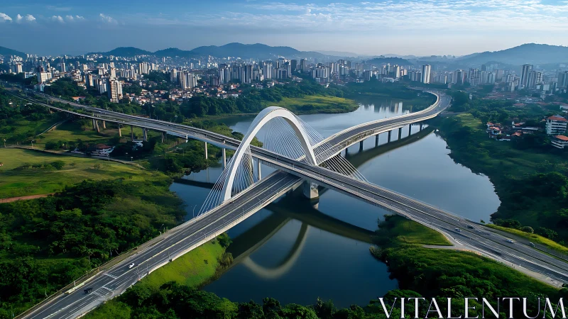 Modern arch bridge spanning river with dense urban skyline.