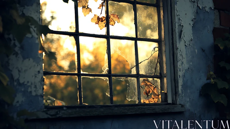 Backlit cracked window frames autumn foliage in soft focus