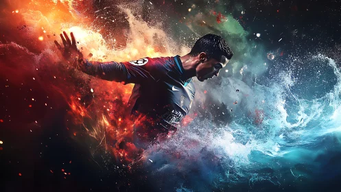 Dynamic soccer player in explosive fire and water burst.