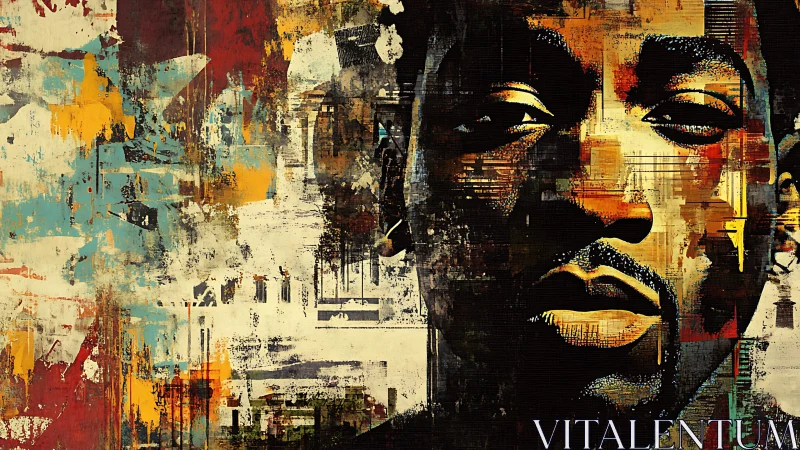 Male portrait merges with fragmented abstract urban textures