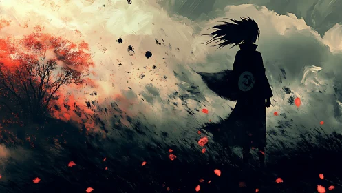 Windswept wanderer under stormlit sky and blazing tree.