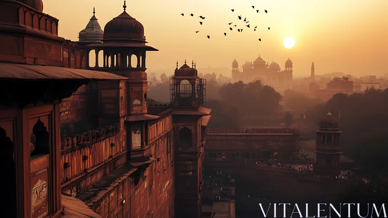 Sunset silhouettes crown historic Indian fortress skyline.