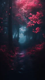 Crimson Forest Path: Ethereal Journey Through Neon Woods.