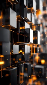 Volumetric black data cubes with emissive amber core lighting.