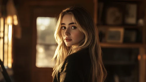 Young woman in golden hour light inside warm room.