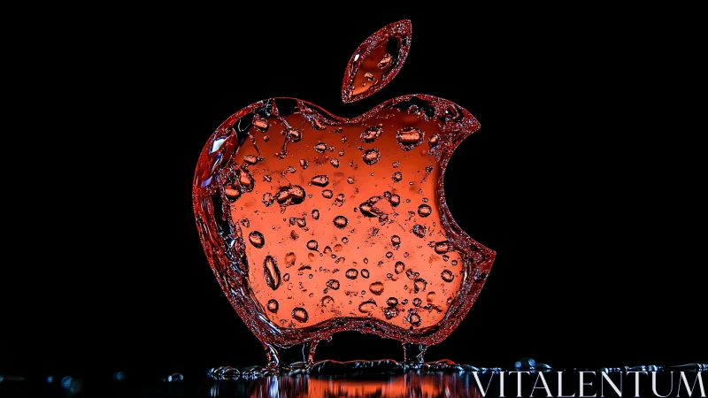 Red liquid Apple logo silhouette with reflective droplets.