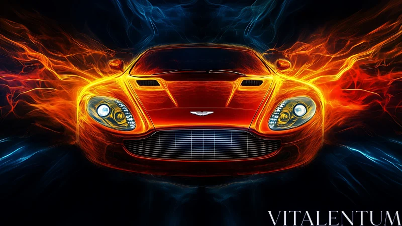 Digital painting of flaming sports car in frontal symmetry.