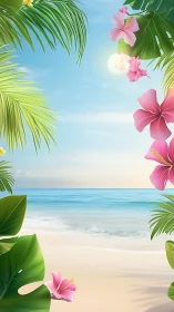 Tropical shoreline vista with hibiscus framing and soft lighting.