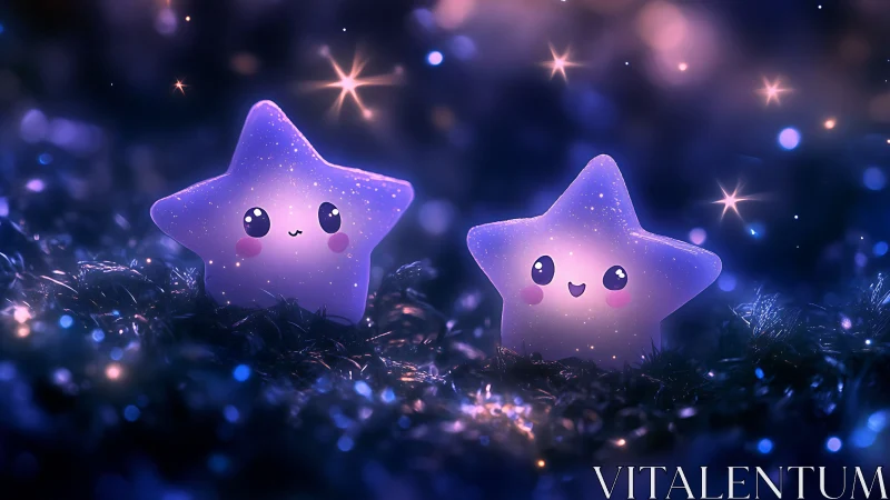 Giggling starlight twins in a dreamy violet cosmos garden.