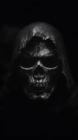 Shrouded skeletal reaper emerges from deep black void.