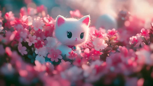 White Cat Surrounded by Pink Flowers.