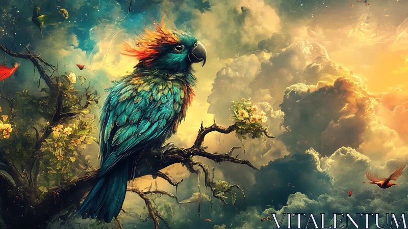 Vibrant Parrot on Branch in Surreal Fantasy Sky Artwork.