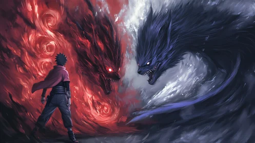 Red cloaked warrior facing dual elemental demon wolf spirits