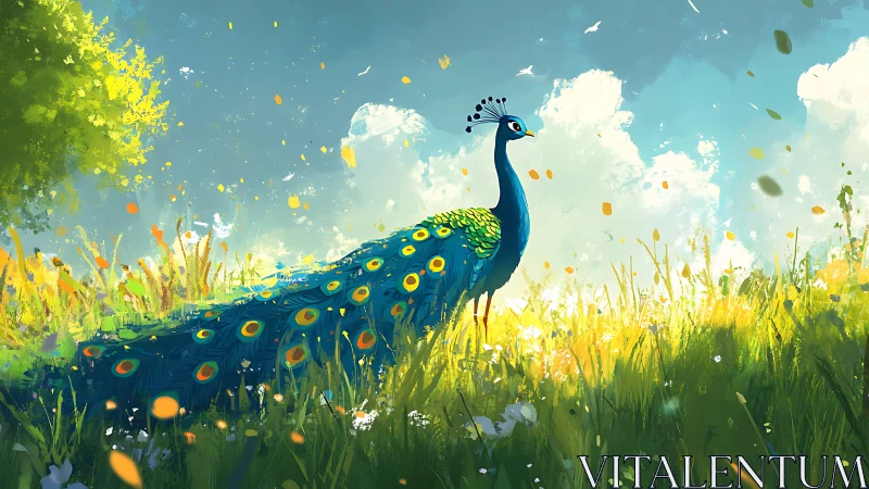 Luminous digital peacock in backlit meadow atmosphere study.