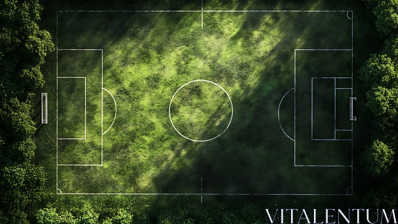 Forest-edge soccer field under dappled morning light.