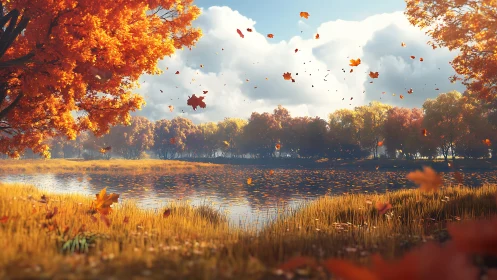 Golden autumn leaves dance softly above a tranquil lakeshore