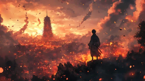 Lone warrior watches a burning city beneath a blazing sky