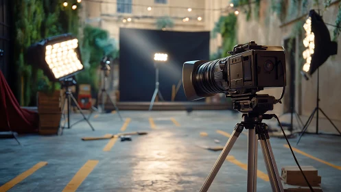 Cozy urban studio with cinematic camera and glowing lights.