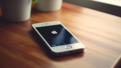 White iPhone Glowing with Apple Logo on Wooden Desktop Desk.