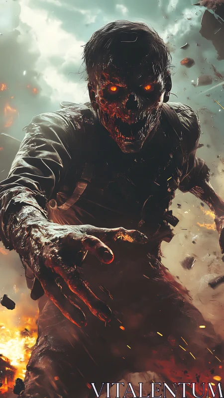 Inferno-eyed undead trooper storms through falling embers.