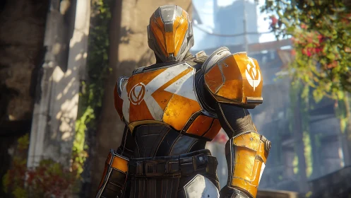Bold sci fi guardian in worn orange armor stands ready.