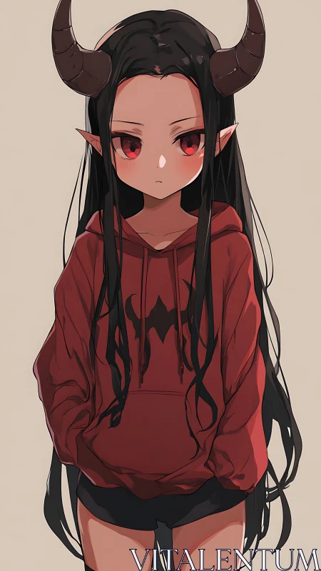 Horned anime girl stands front-facing in red hoodie