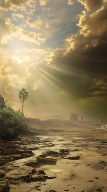 Lone oasis palm under stormlit desert sunburst sky.