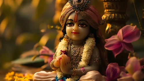 Photorealistic devotional idol portrait with floral foreground.