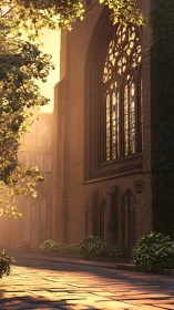 Golden cloister glow bathing stained-glass cathedral walls.