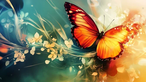 Glowing orange butterfly drifting through dreamy flower light.