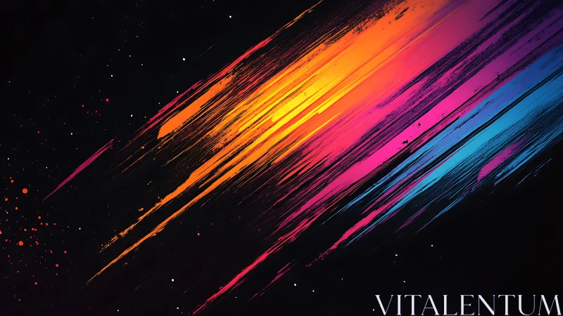 Diagonal neon paint streaks traverse dark field with high contrast