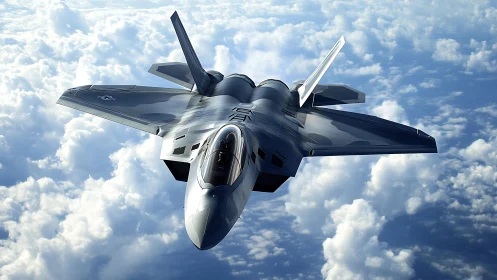 Stealth fighter aircraft in level flight above cloud layer.
