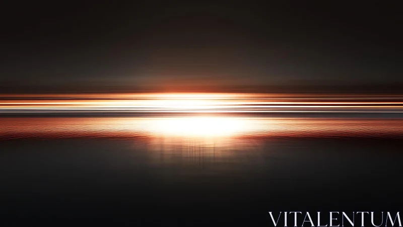 Abstract sunset over calm water with glowing horizontal light streaks.