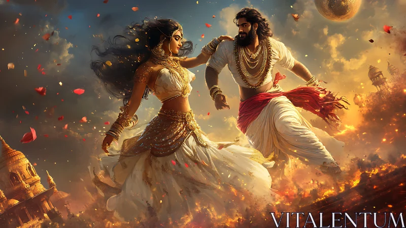 Mythic lovers racing through firelit celestial ruins.