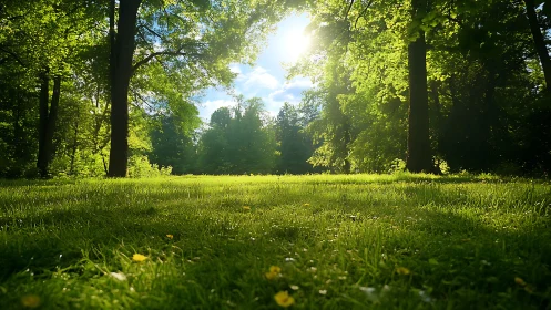 Backlit woodland clearing with low-angle luminous lawn study.