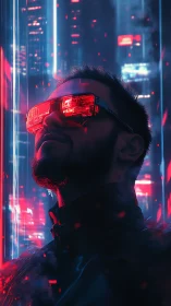 Neon dreamer rises beneath glitch-lit cyber city skies.