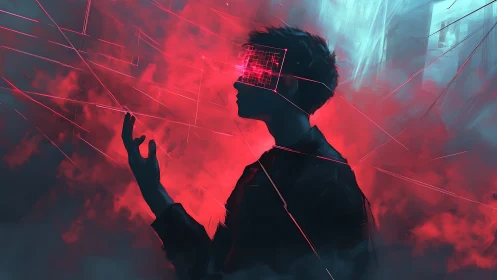 Cyber silhouette in red vapor with glitch visor display.