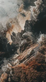 Infrared aerial canyon renders crystalline foliage and smoke