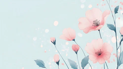 Soft pastel poppy blossoms on pale blue background.