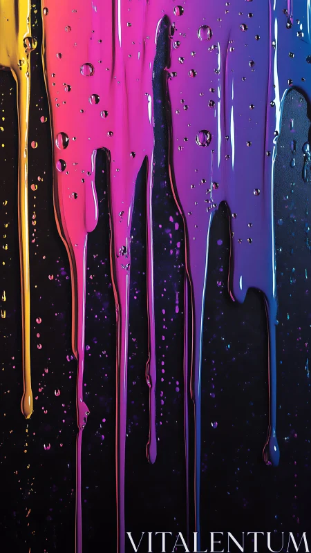 Colorful paint drips gently cascade in glowing neon rivers