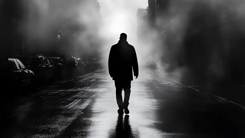 Silhouetted person walks alone down wet foggy city street