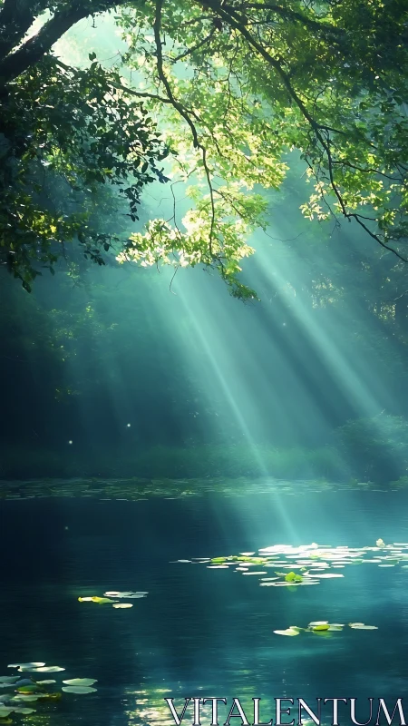Sunbeams penetrate riparian canopy onto reflective lily pond