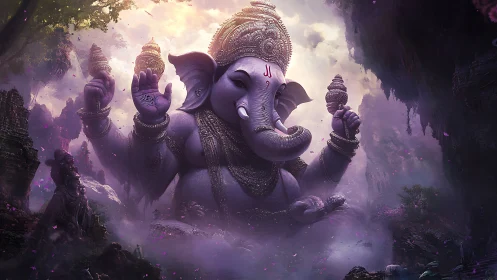 Majestic Ganesha deity rises in mystical violet jungle mist