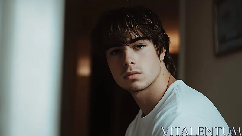 Young man sits in soft indoor light, lost in quiet thought