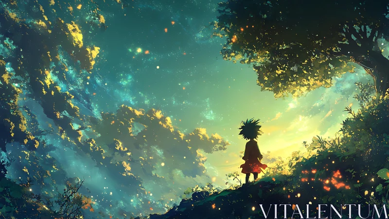 Stargazing child beneath glowing twilight forest sky.