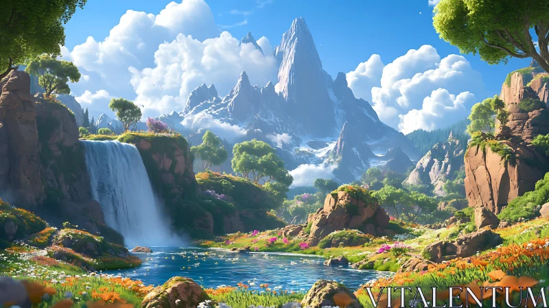 Procedural alpine valley with cascade, florals, and glacial spire.
