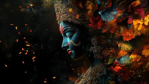 Profile of ornate blue deity amid abstract floral forms.