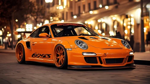 Orange tuned sports car parked on lit city street at night.