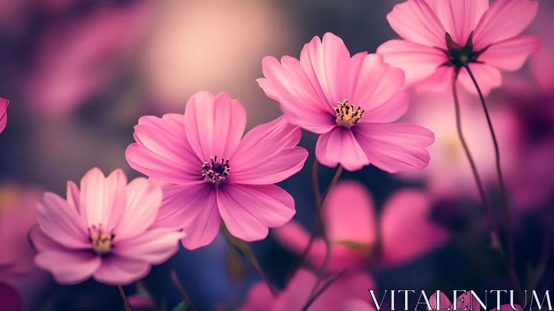 Pink cosmos flowers with selective focus and blurred background.