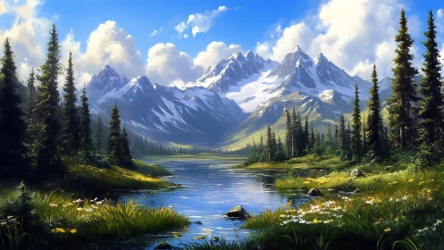 Snow-capped alpine peaks reflect in still glacial lake under clear sky